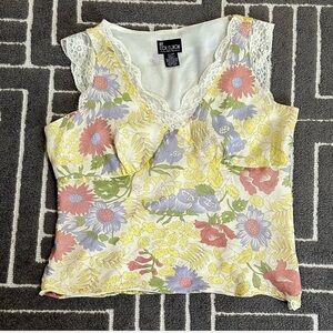 Pastel Floral print silk with lace hemmed neckline and shoulders. Side zipper.